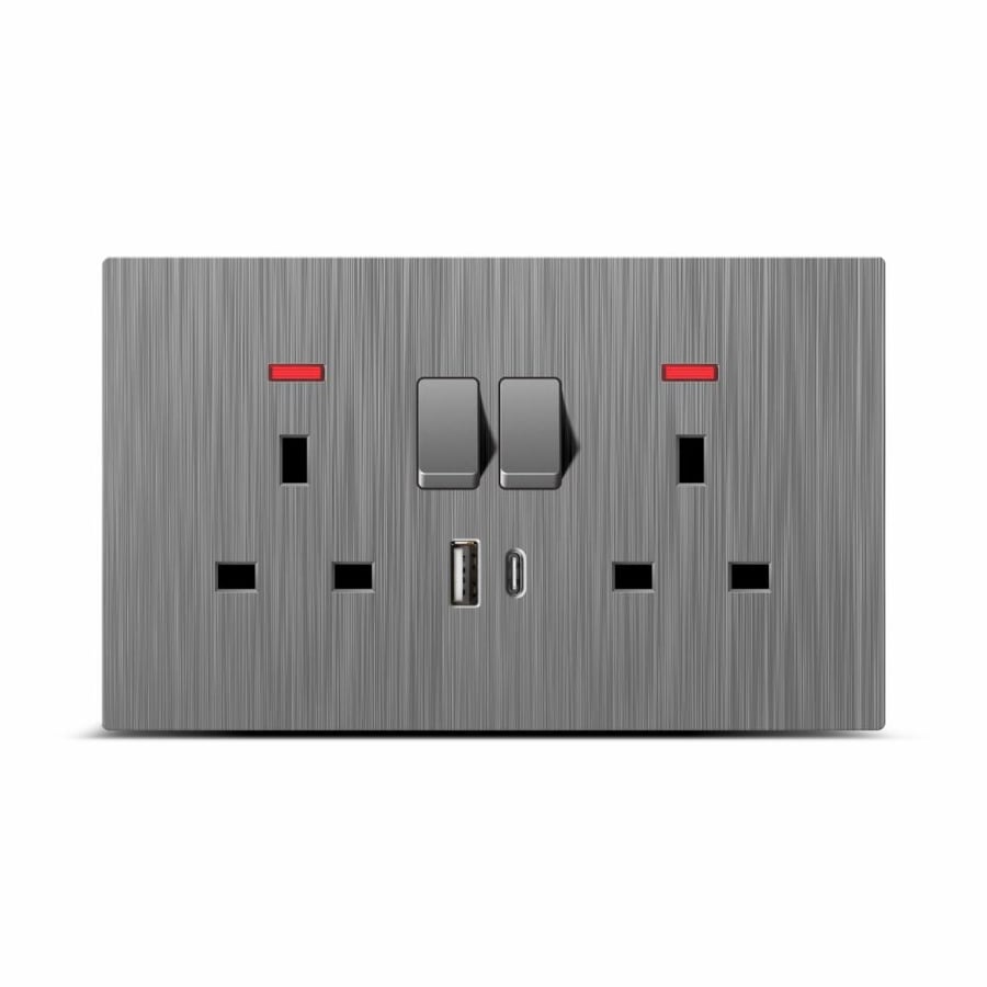 فيش 7×14 USB وType-C مدمج 13 امبير بيانو رمادي مفتاح ولمبة Felsen ضمان 25 سنة