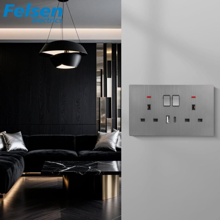 فيش 7×14 USB وType-C مدمج 13 امبير بيانو رمادي مفتاح ولمبة Felsen ضمان 25 سنة