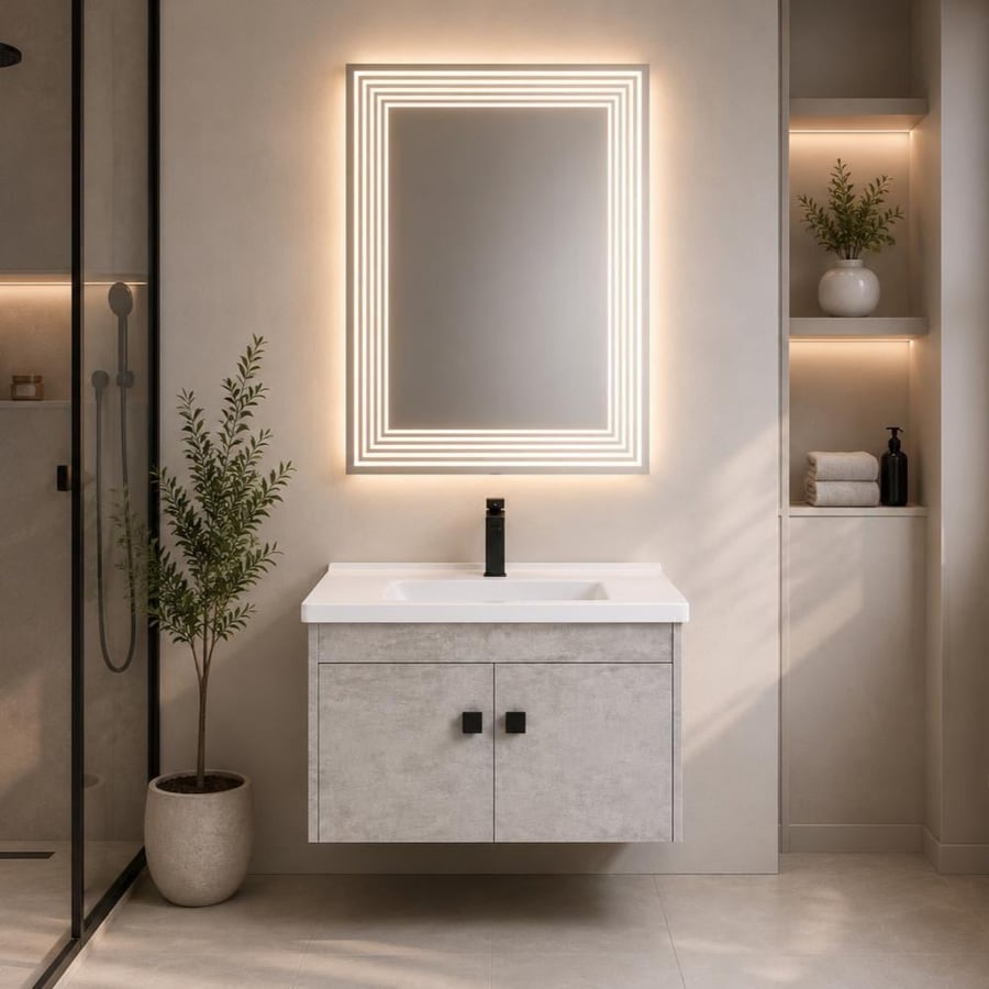 مغسلة فيبر رمادي 60×40 سم مع مرآة LED | تصميم مودرن فاخر للمساحات العصرية