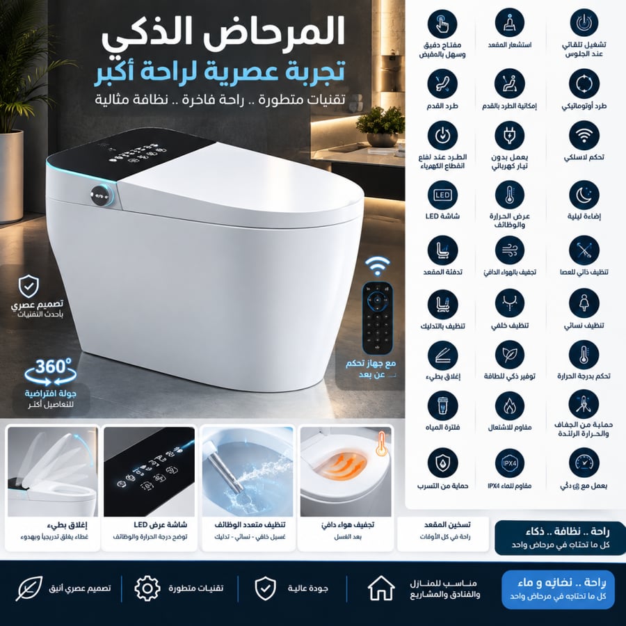 كرسي حمام ذكي سمارت متكامل بشاشة LED وتحكم عن بُعد – غسيل وتجفيف وتسخين وطرد أوتوماتيكي IPX4