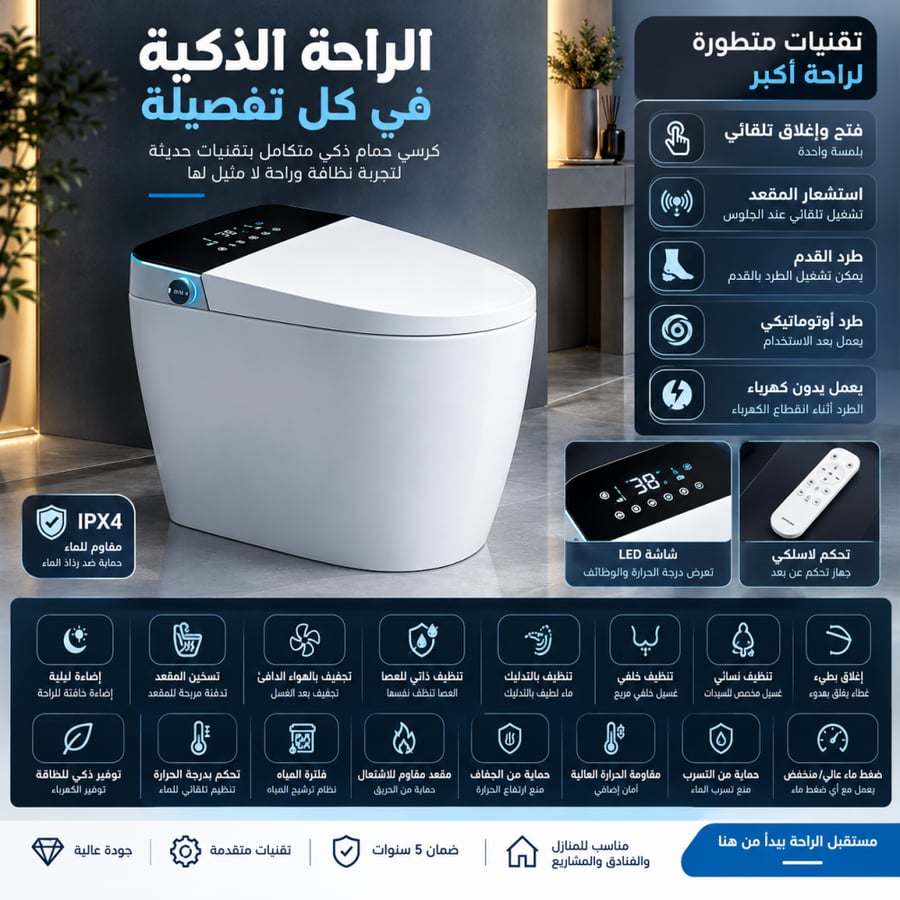 كرسي حمام ذكي سمارت متكامل بشاشة LED وتحكم عن بُعد – غسيل وتجفيف وتسخين وطرد أوتوماتيكي IPX4