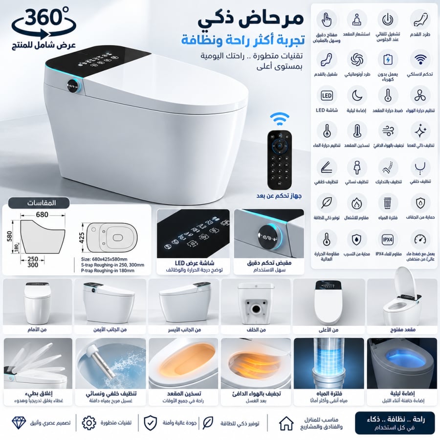 كرسي حمام ذكي سمارت متكامل بشاشة LED وتحكم عن بُعد – غسيل وتجفيف وتسخين وطرد أوتوماتيكي IPX4
