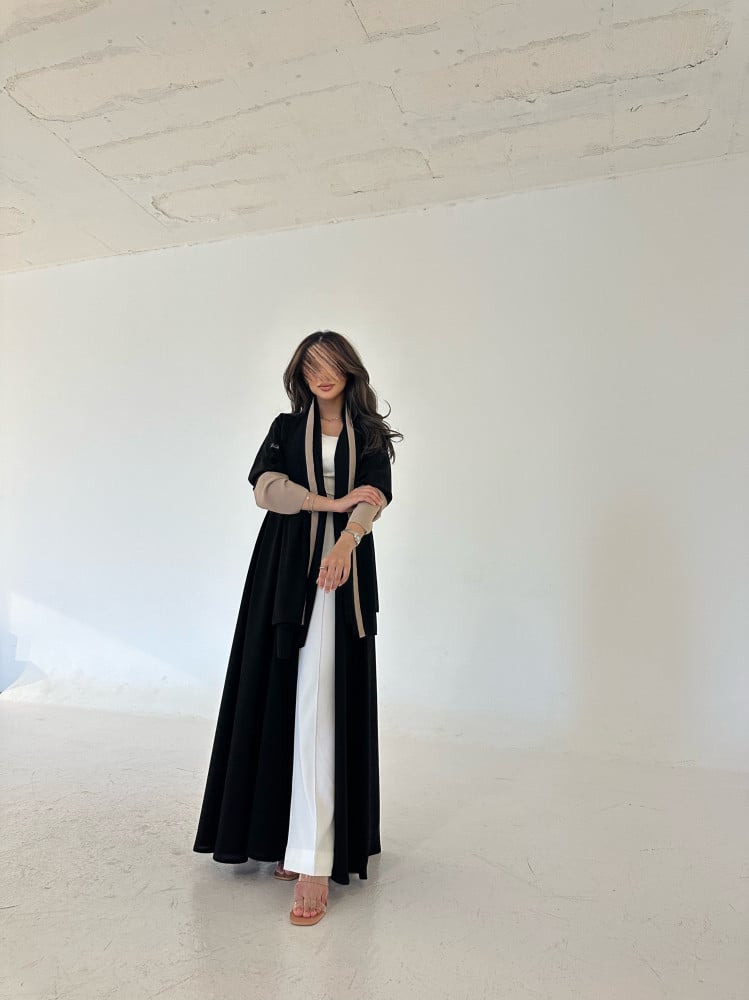 Black crepe abaya with beige sleeves