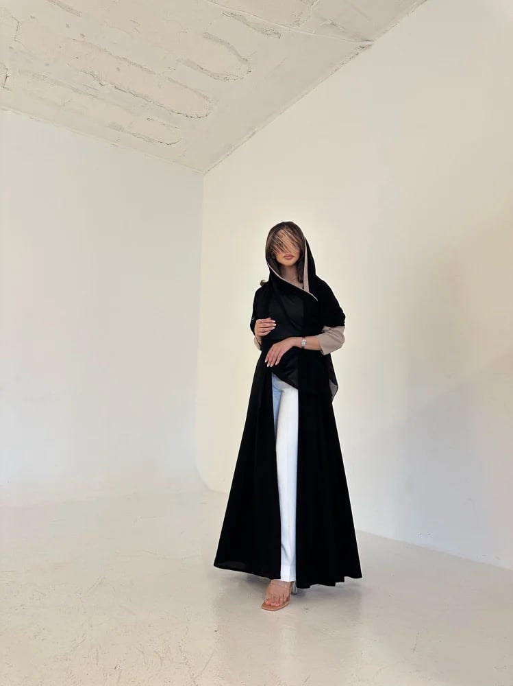 Black crepe abaya with beige sleeves