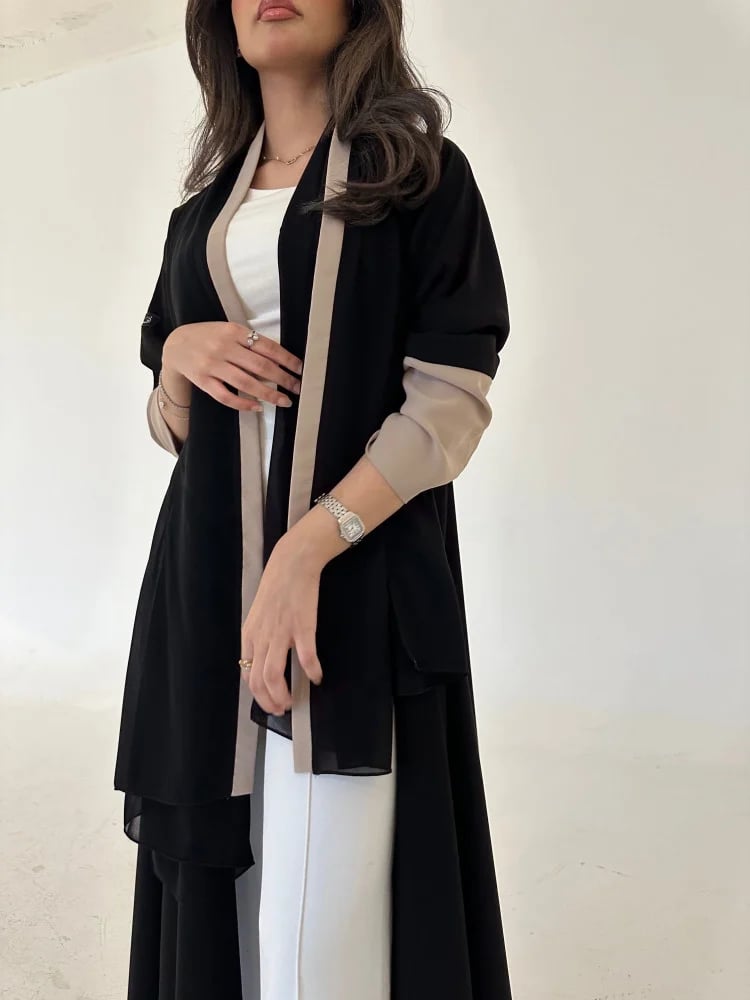 Black crepe abaya with beige sleeves