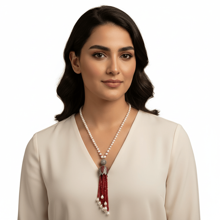 عقد ياقوت مع لؤلؤ وميدالية فضية