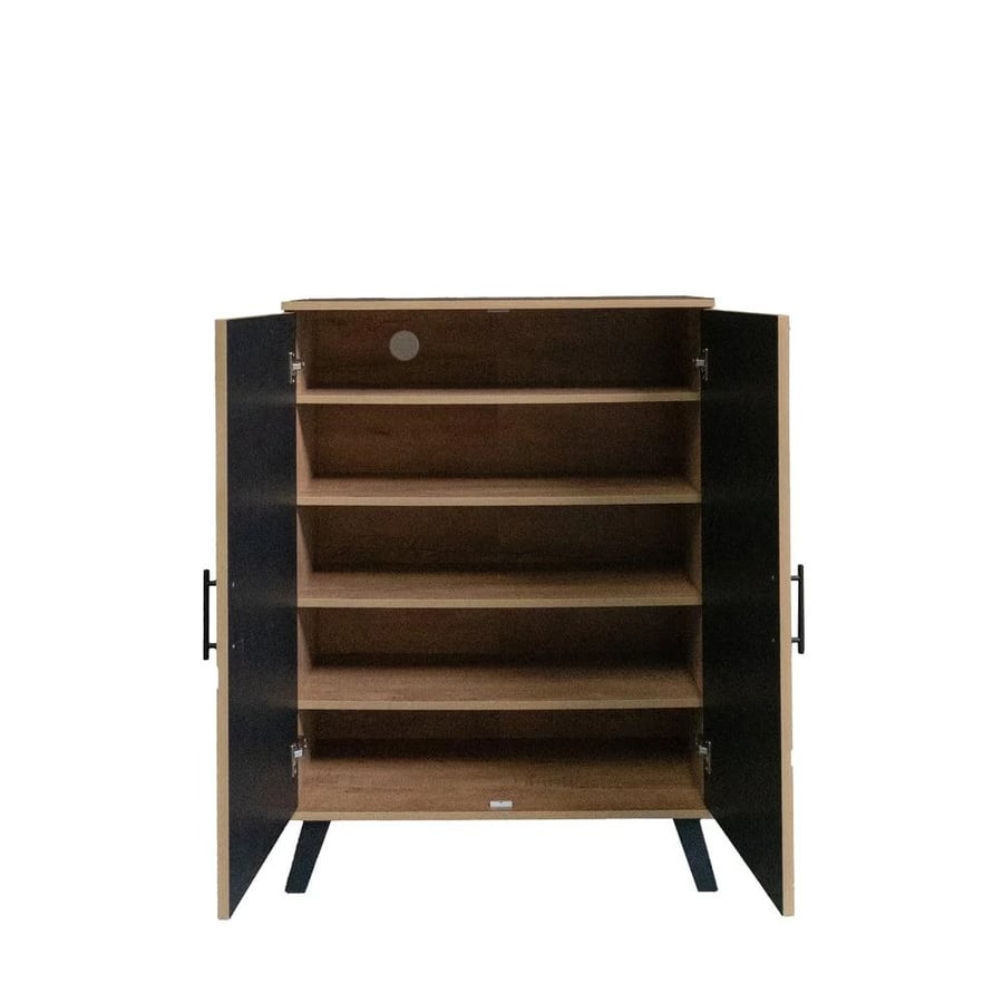 Malaysian wood double shoe cabinet, 5 tiers - beige and black