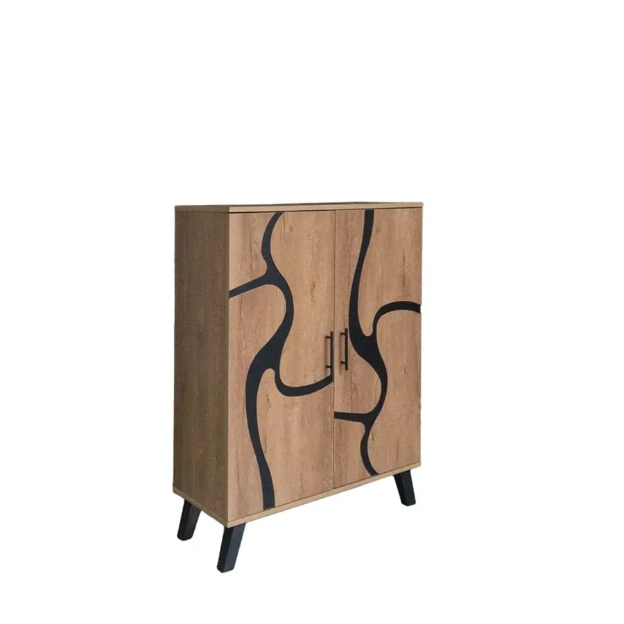 Malaysian wood double shoe cabinet, 5 tiers - beige and black