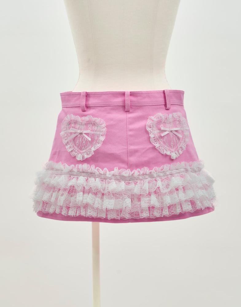 Avenchumu تنورة قصيرة مع شورت داخلي – Avenchumu – Lace frill ribbon denim skirt