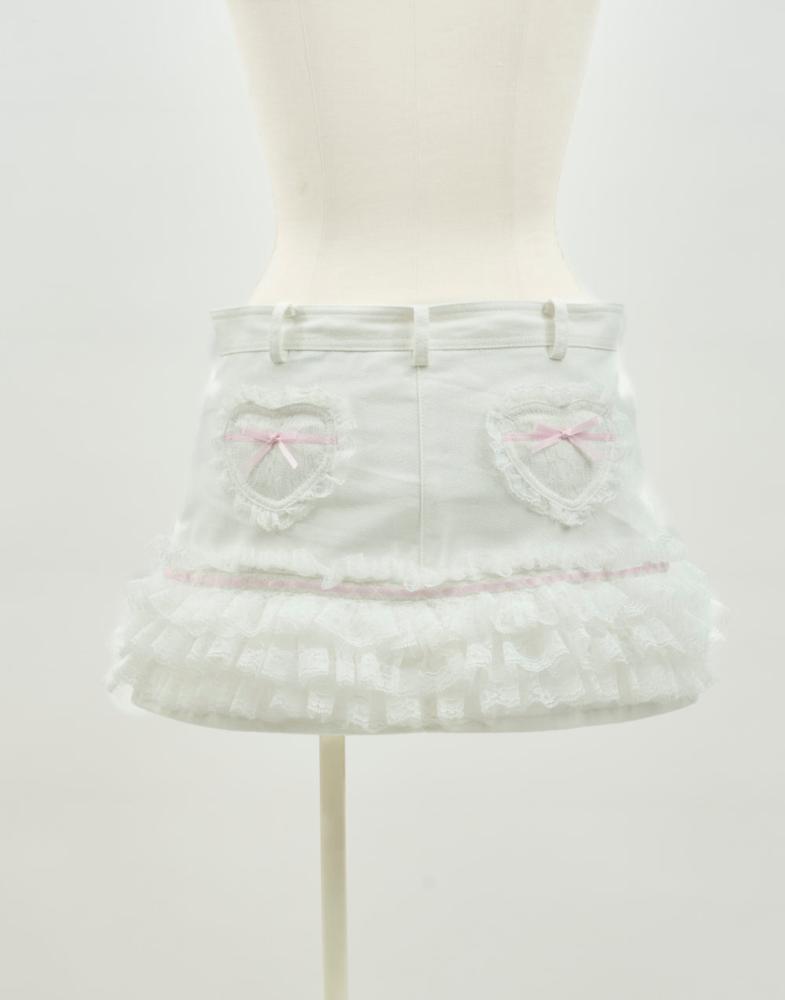 Avenchumu تنورة قصيرة مع شورت داخلي – Avenchumu – Lace frill ribbon denim skirt