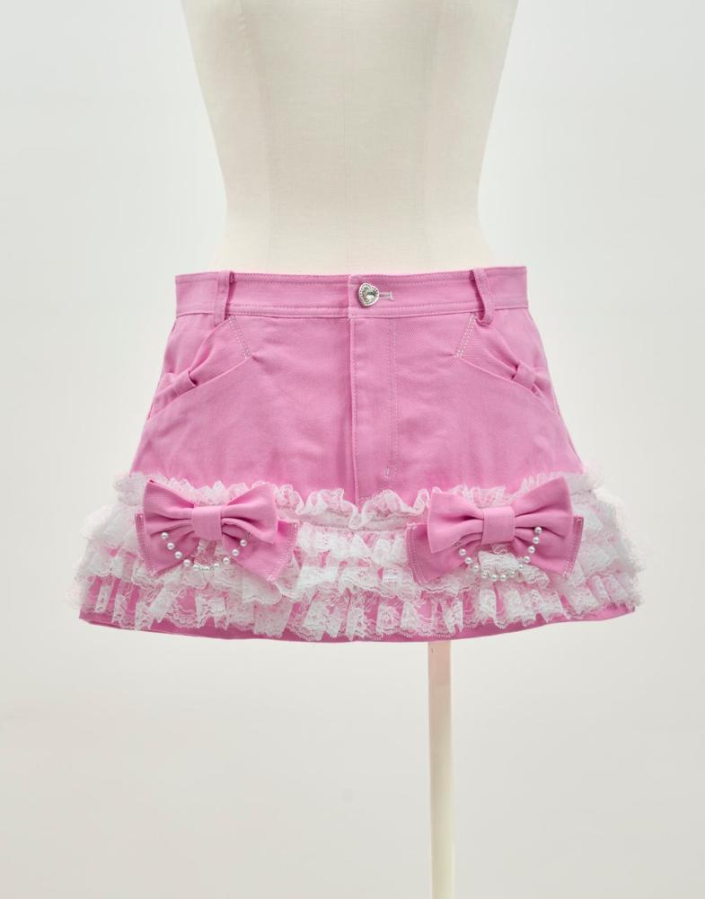 Avenchumu تنورة قصيرة مع شورت داخلي – Avenchumu – Lace frill ribbon denim skirt