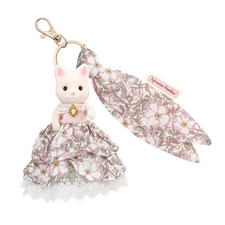 سلسلة مفاتيح عائلة سيلفانيان – الأخت القطة الحريرية (Silk Cat Sister) بنقشة ليبرتي | Sylvanian Families Keychain – Silk Cat Sister (Liberty Print)