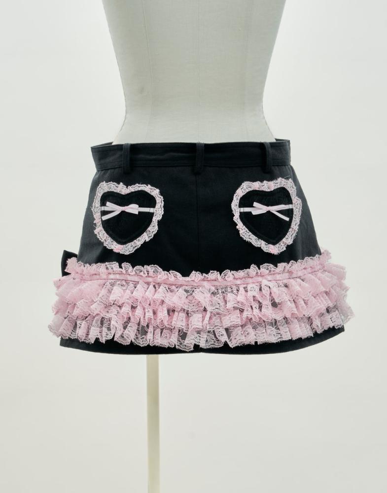 Avenchumu تنورة قصيرة مع شورت داخلي – Avenchumu – Lace frill ribbon denim skirt