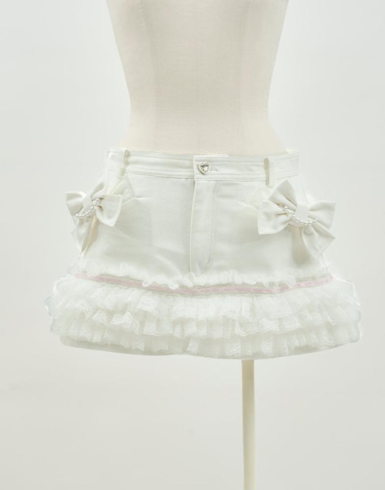 Avenchumu تنورة قصيرة مع شورت داخلي – Avenchumu – Lace frill ribbon denim skirt