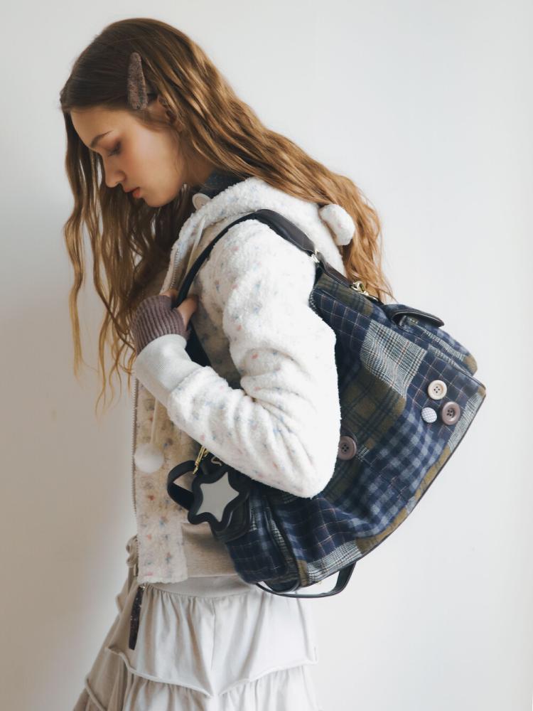 باد بلو حقيبة وسادة بأزرار وباتشورك – كحلي | Bad Blue Patchwork Buttons Pillow Bag Navy