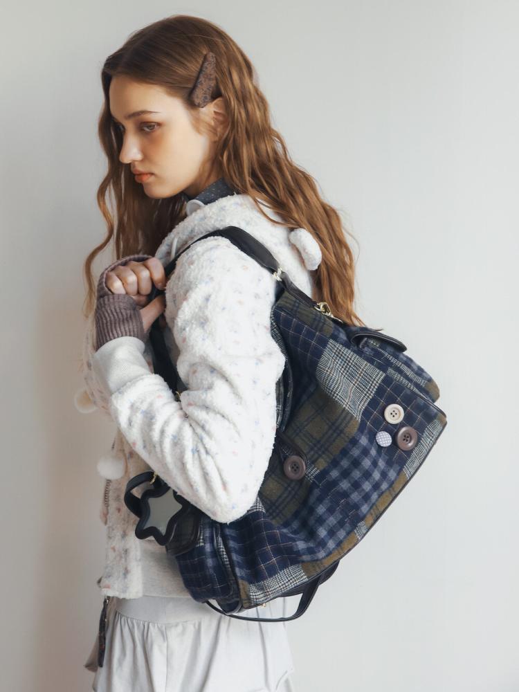 باد بلو حقيبة وسادة بأزرار وباتشورك – كحلي | Bad Blue Patchwork Buttons Pillow Bag Navy