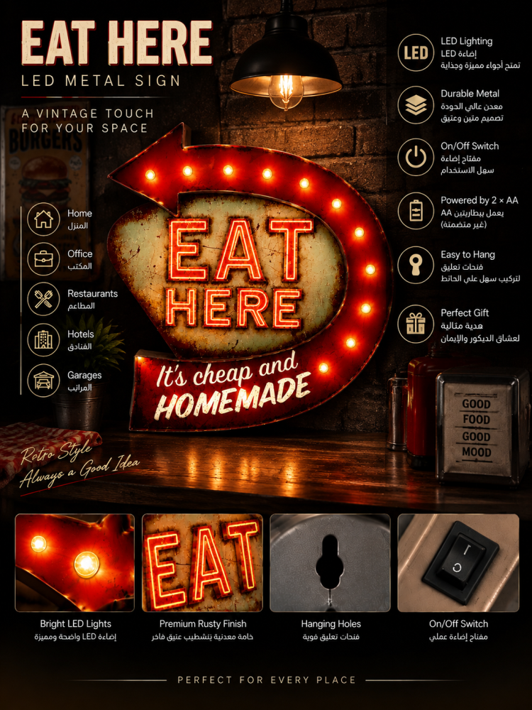 لوحة إيت هير المضيئة الكلاسيكية – Vintage Eat Here Marquee Sign