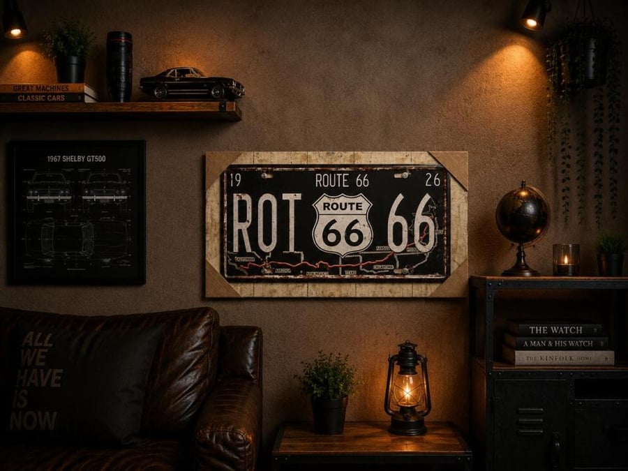 لوحة Route 66 الأمريكية  بلون اسود مزين بخط سير احمر