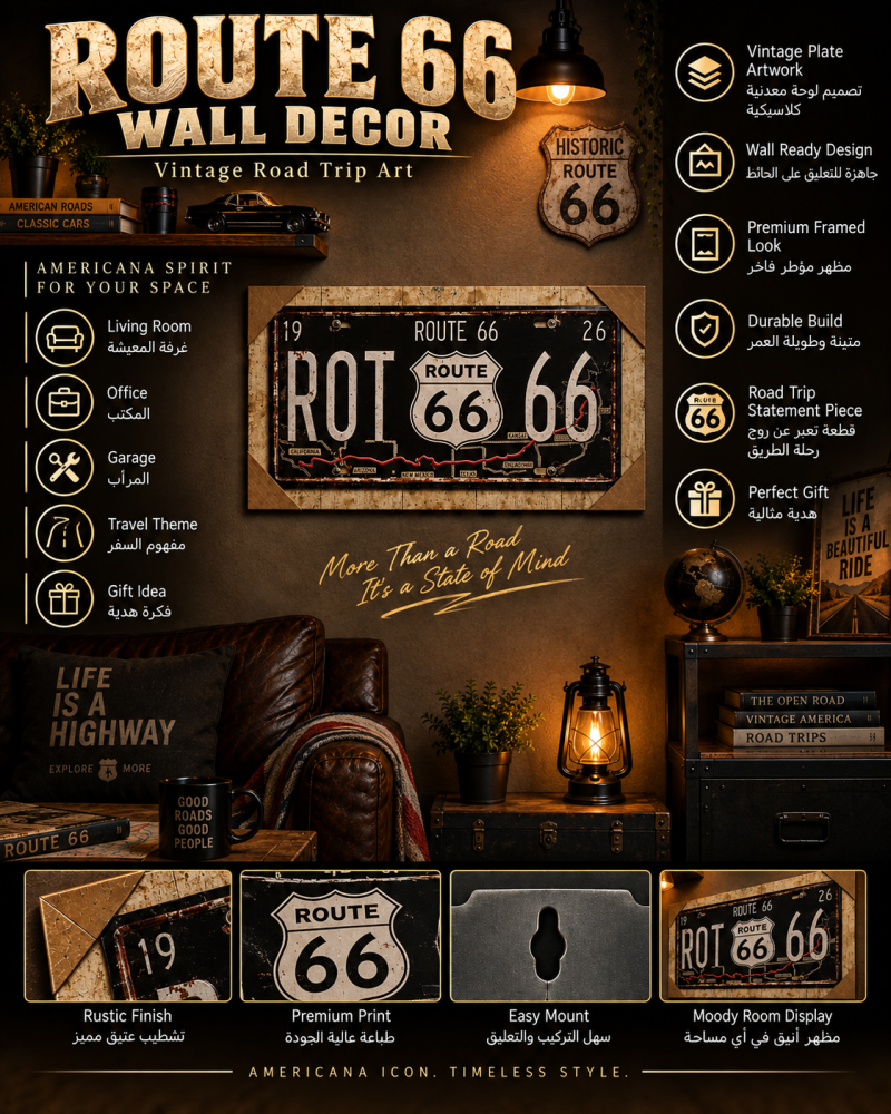 لوحة Route 66 الأمريكية  بلون اسود مزين بخط سير احمر