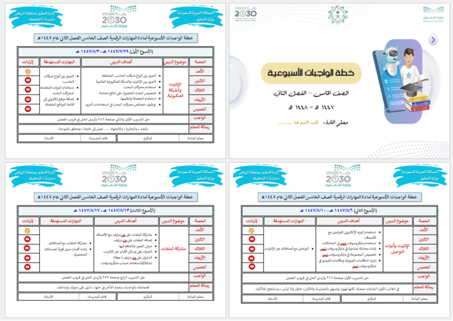 Weekly homework plan (Teacher of Al-Gharbia) fifth grade – second semester
