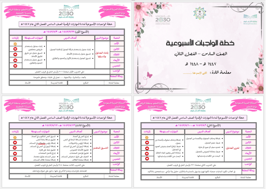 خطة واجبات أسبوعية (معلمة الغربية) الصف السادس – الفصل الثاني
