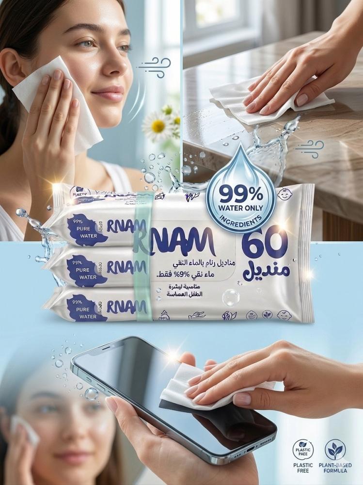 Multi-Use Wet Wipes for Hands & Face – Water, Alcohol-Free, Cottony Soft - 3+1 Free pack
