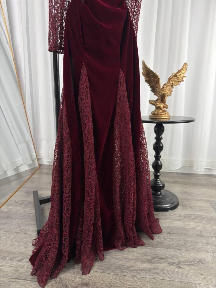 فستان سهره مخمل عنابي