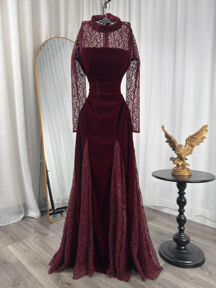 فستان سهره مخمل عنابي