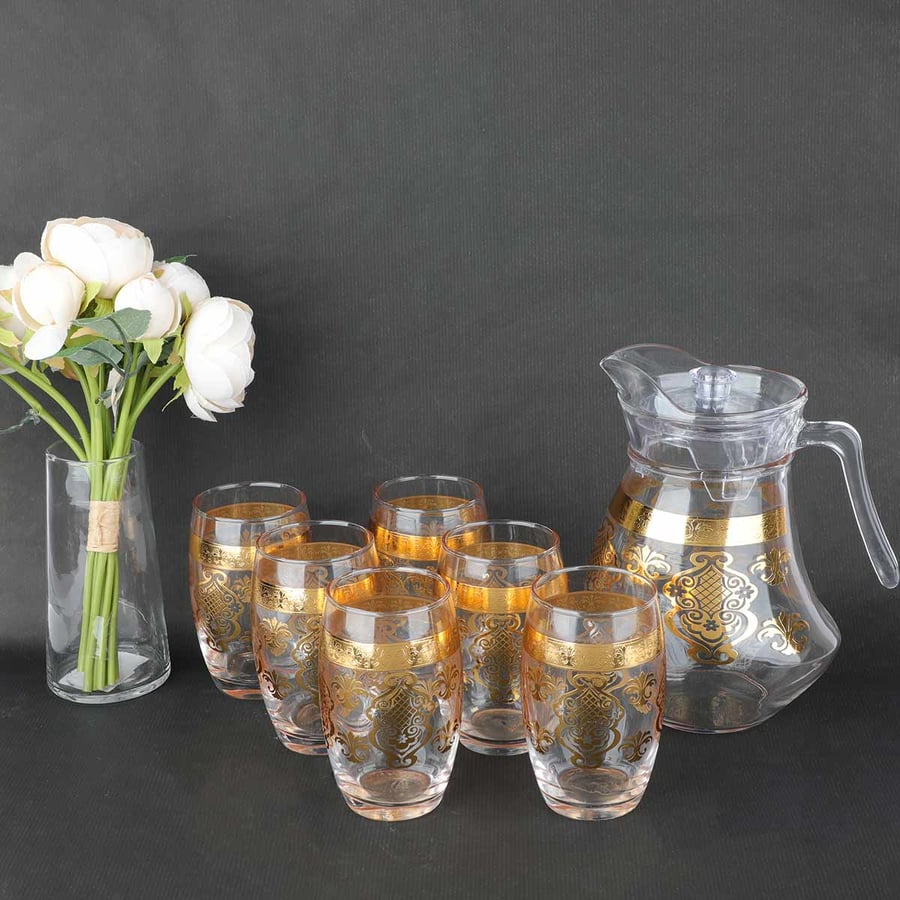 Jacket set with 6 glass cups with gold pattern