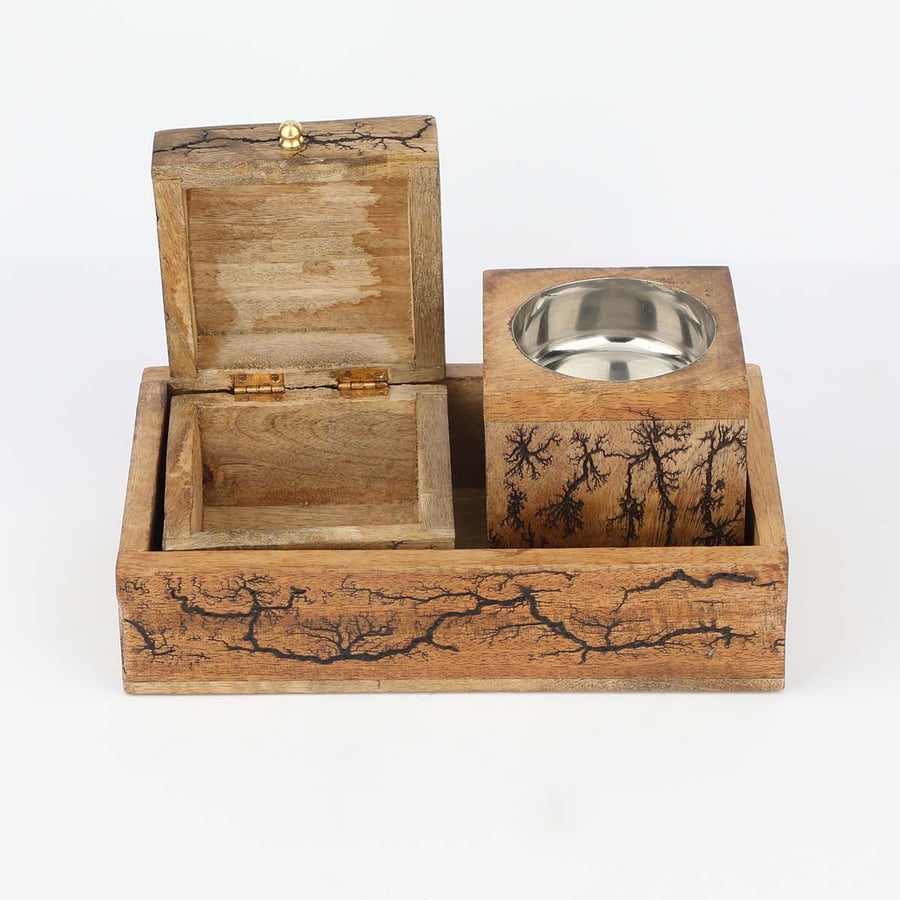 Indian wood incense burner set 3 pieces