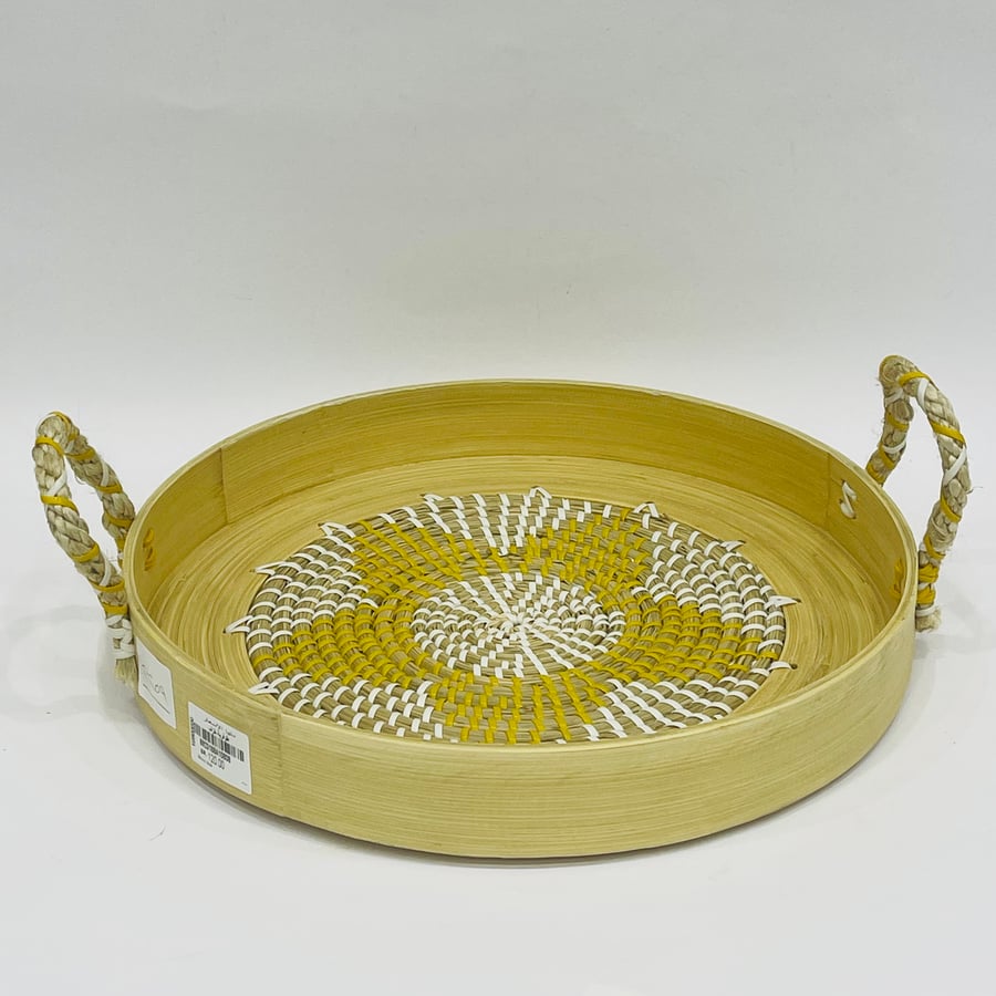 Round ceramic tray with wooden sides, 35 cm size