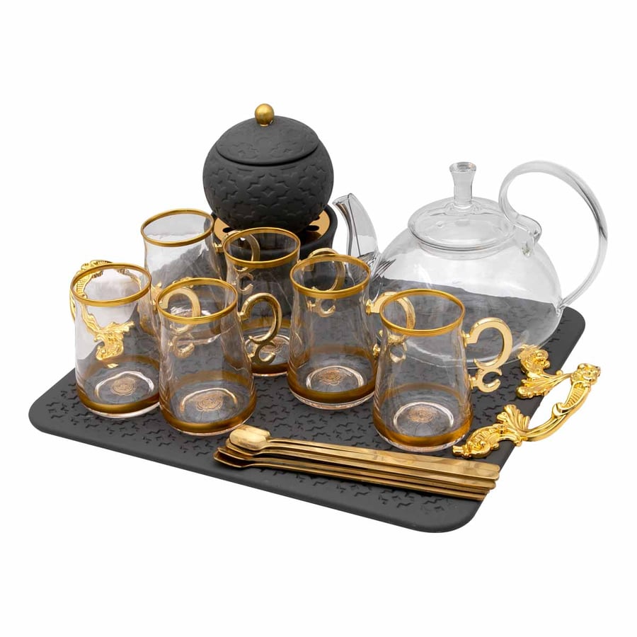 طقم شاي براد+بيالات+سكرية+طفرية+سخان+ملاعق 18 قطعة