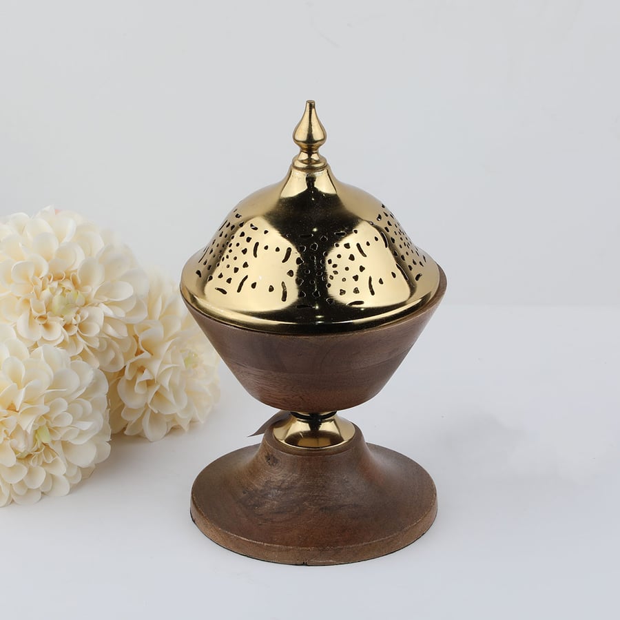 مبخرة هندي خشب بغطاء معدن  ذهبي  مقاس  21*13سم