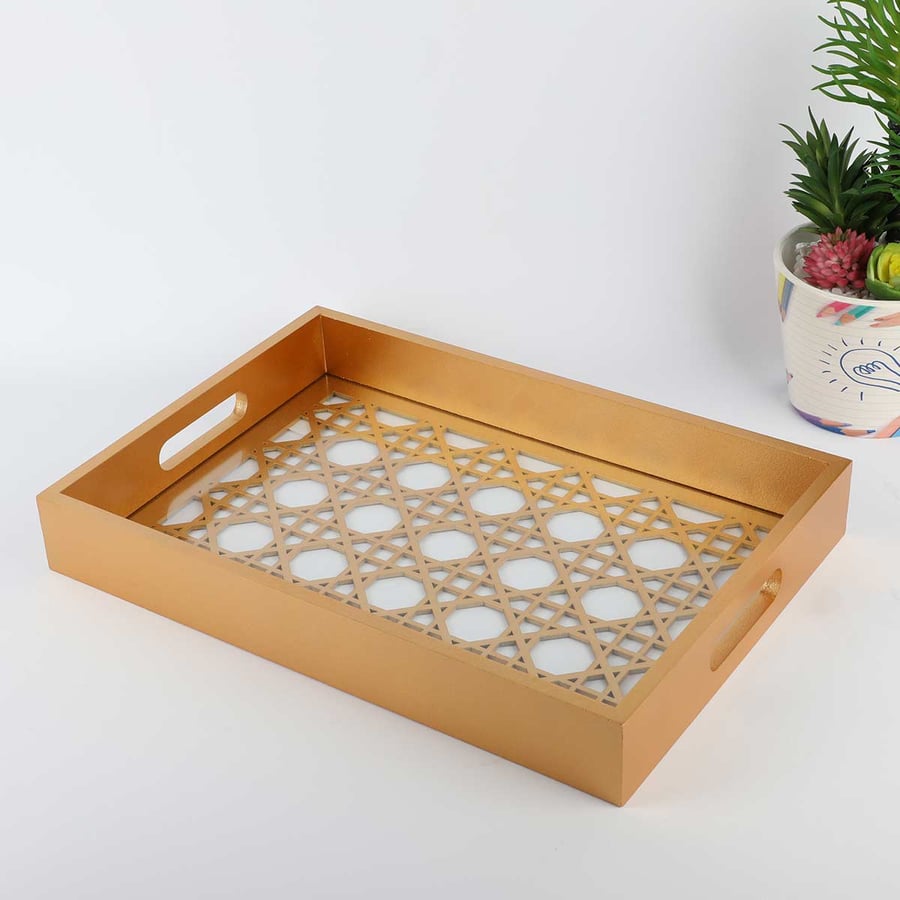 Golden wooden rectangular tray 40*30 cm