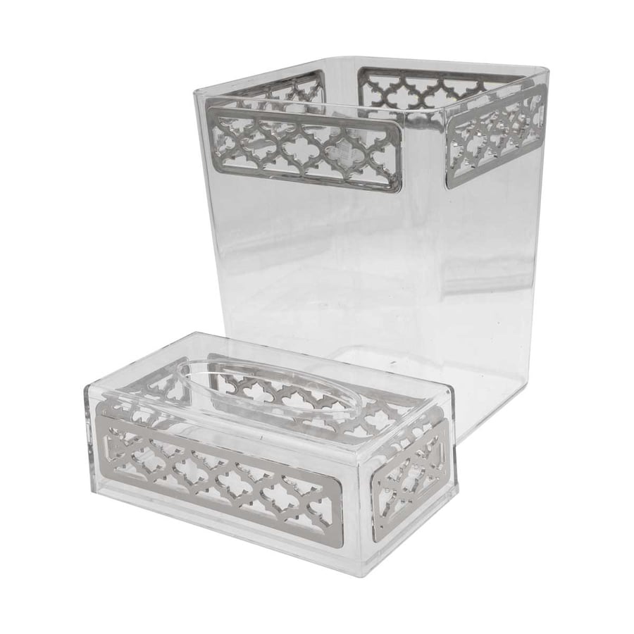 Square acrylic trash bin set, silver transparent + tissue box