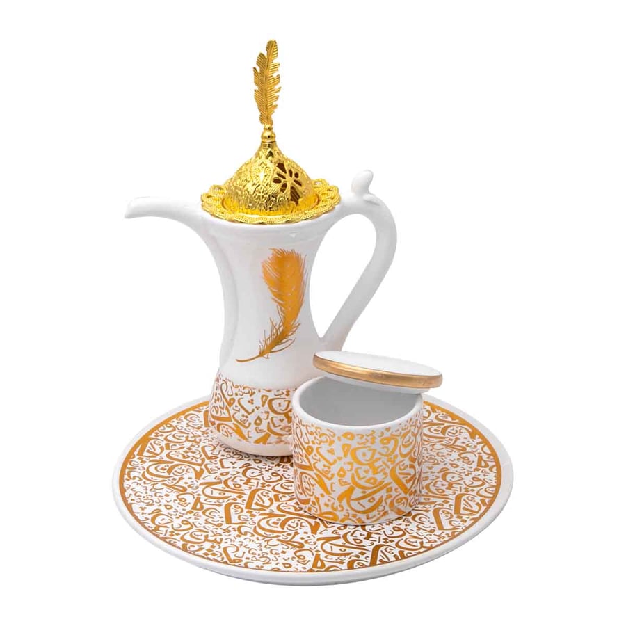 Incense burner in the shape of a Dallah, white color with feather pattern in gold, height 21 cm