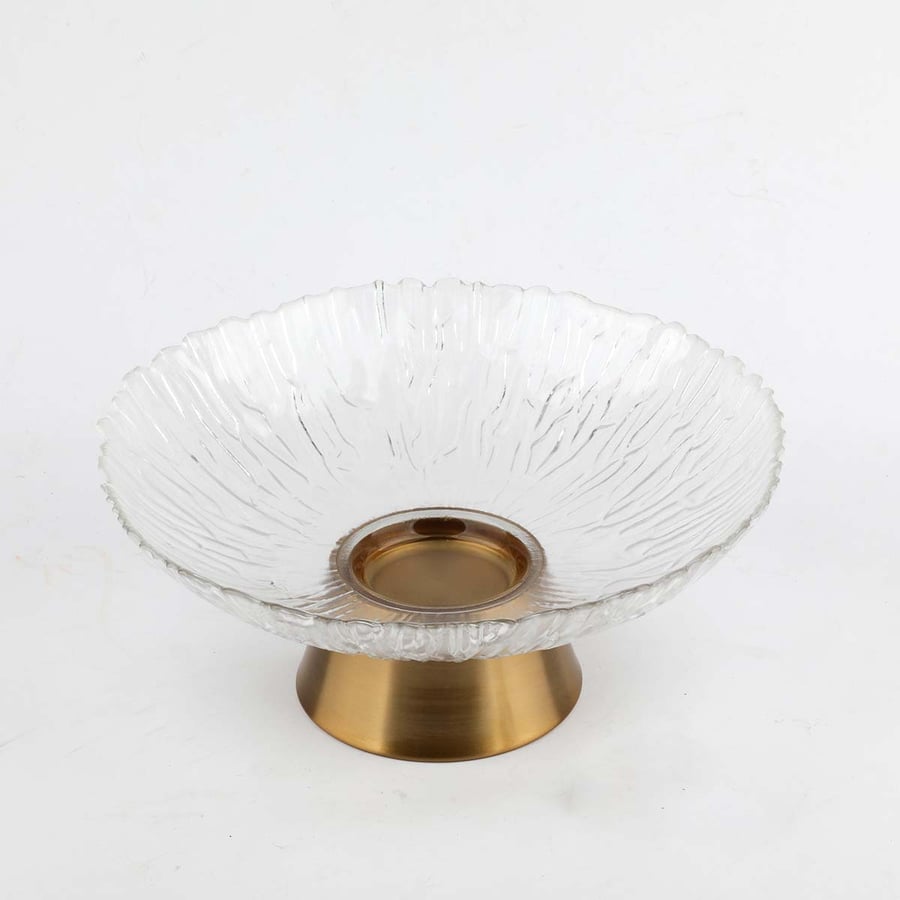 Round glass plate with a golden base, size 27*11 cm