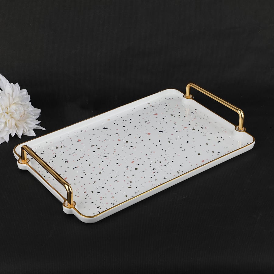 Ceramic serving tray with gold edges, size 22*33 cm