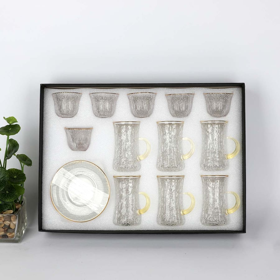 Set of cups + mugs + transparent plates with gold edges 18 pieces