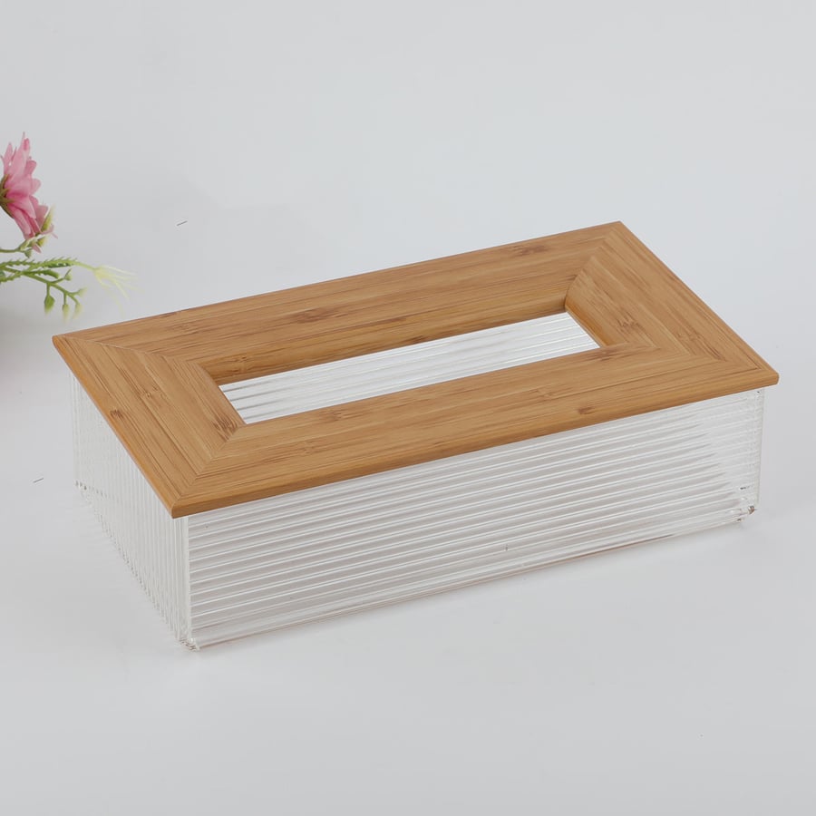 A box of acrylic transparent tissues with a wooden lid, size 22*12*6 cm