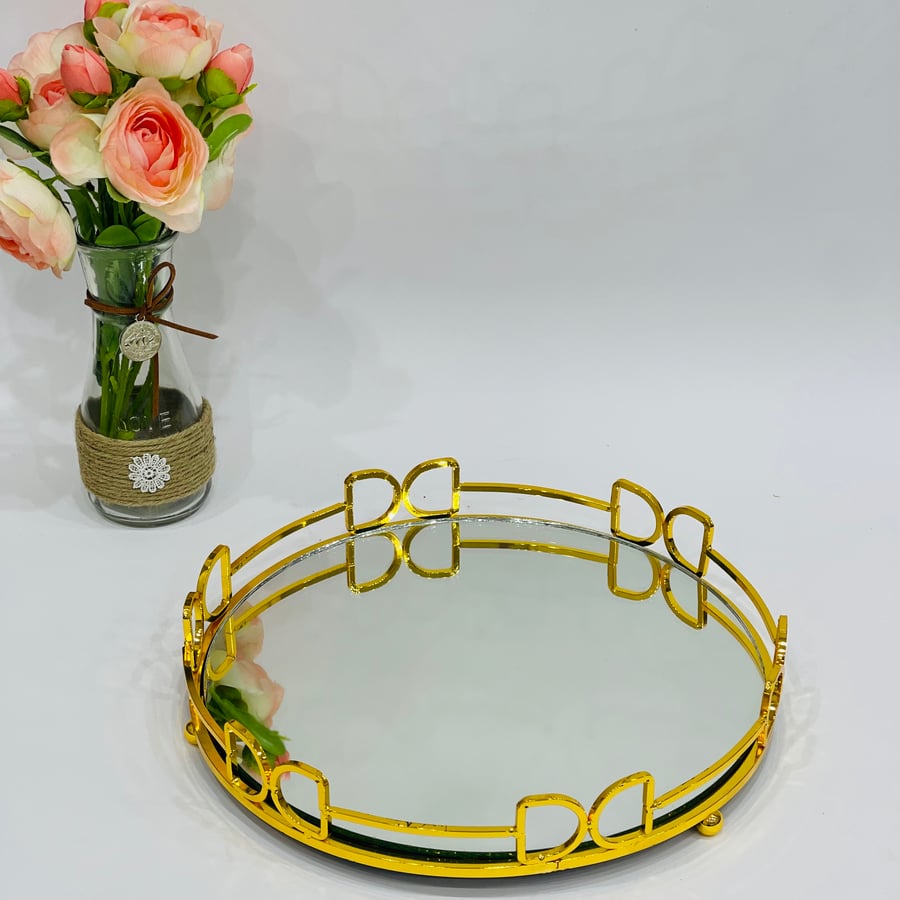 Round golden mirror tray 30 cm size