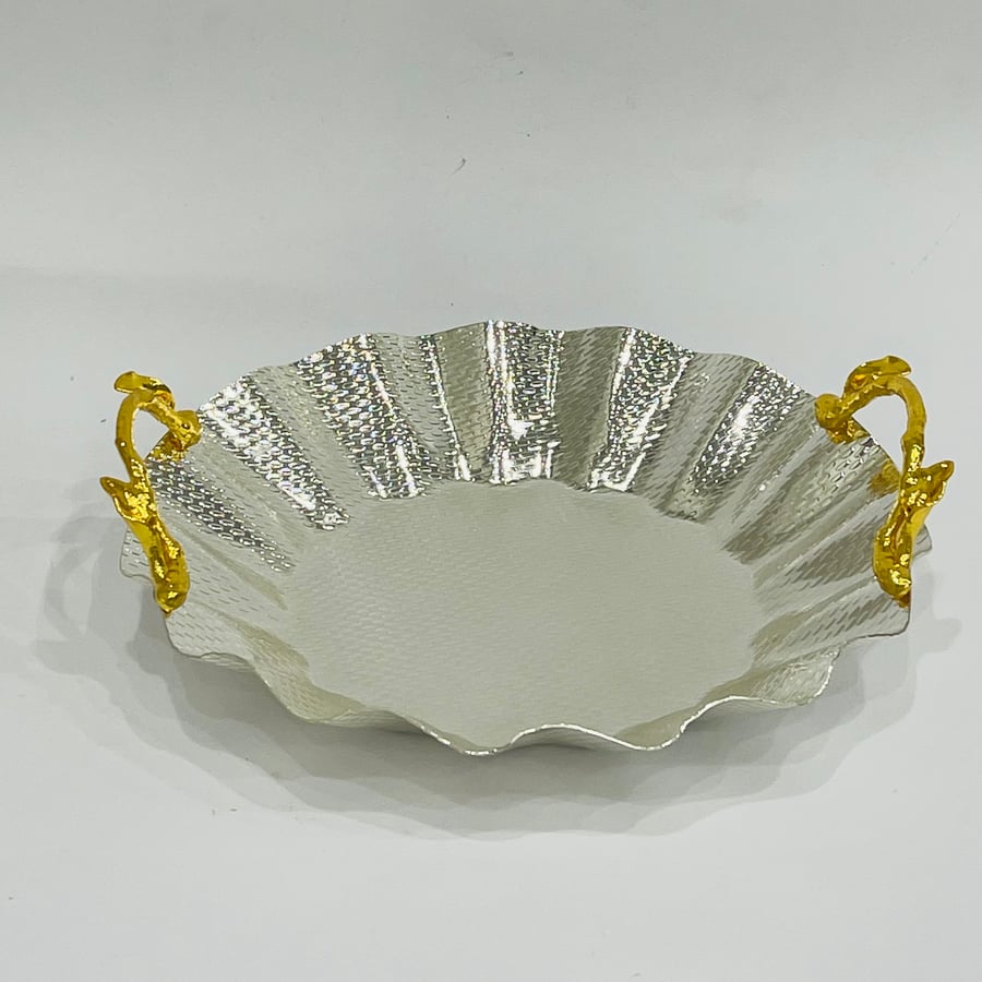 Silver dessert plate with gold decorated handle, 26 cm size