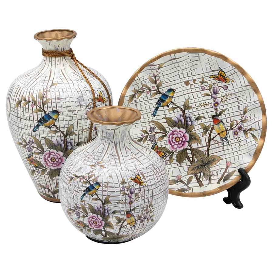 Ceramic vase set with decorated plate 3 pieces