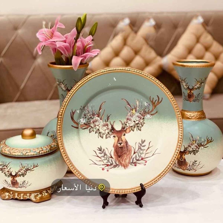 طقم مزهريات سيراميك مع صحن مزخرف 4 قطع