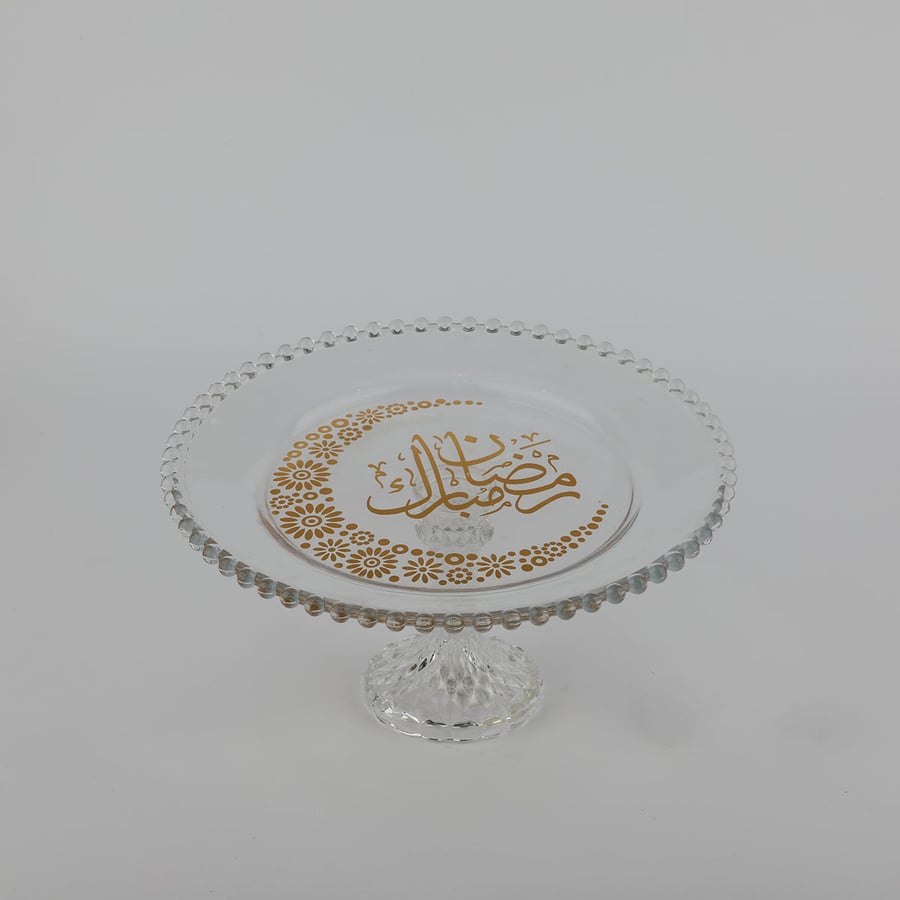 Round glass plate with a base bearing the phrase Ramadan Kareem, size 13*24 cm