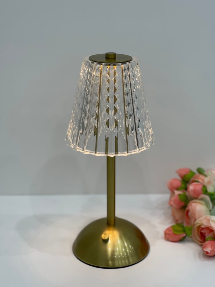 Table lamp with transparent diamond design, gold base, rechargeable, touch-operated
