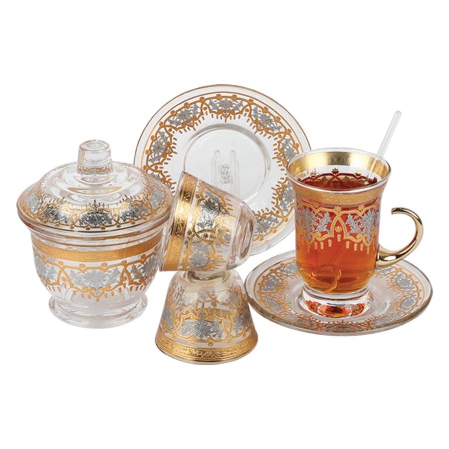Tea and coffee set consisting of 12 cups + 12 tea glasses + 12 plates + 12 spoons + sugar bowl with lid