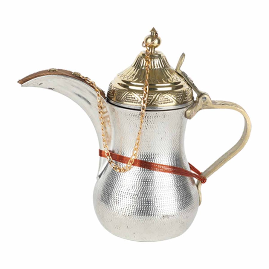 دلة القهوة العربية فضي +ذهبي وسط ارتفاع 23 سم