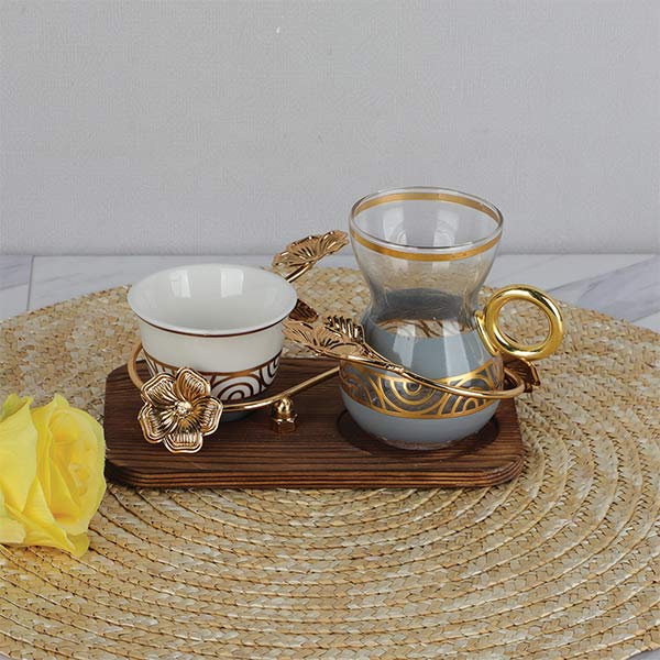 Tea and coffee set with wooden tray 12 cups of tea + 12 coffee mugs + 12 wooden plates