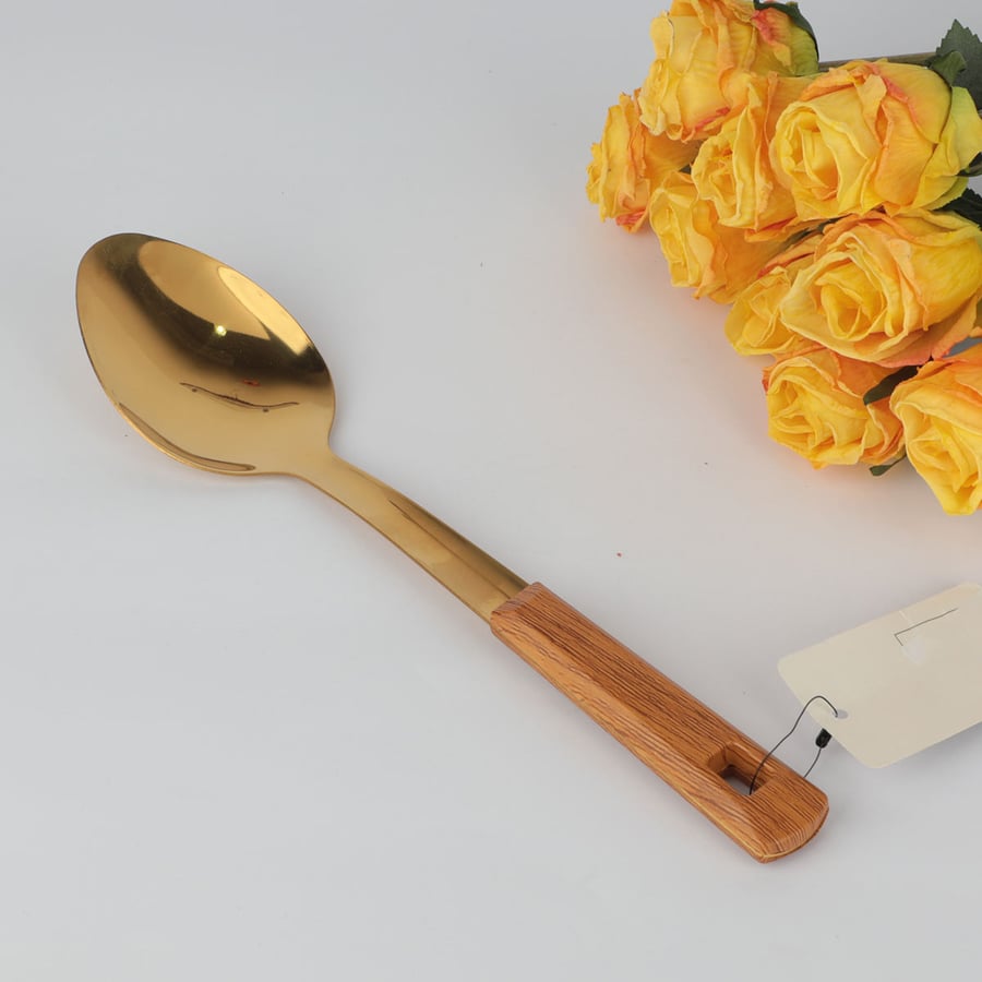 Stainless steel cooking spoon with wooden handle